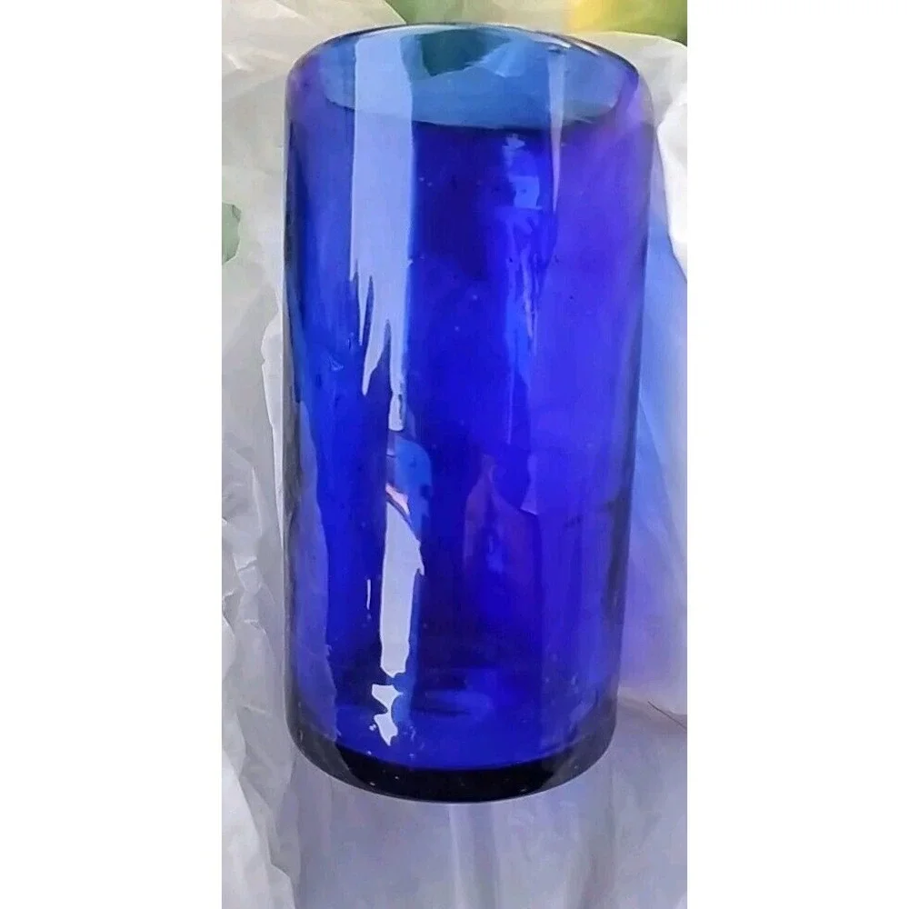 Handblown Glass Tumbler Vase Bubble Swirl Cobalt Blue Rocks Metallic Rim 5